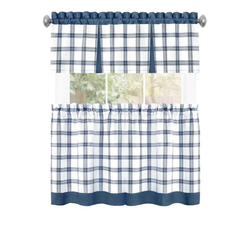 PowerSellerUSA Semi-Sheer Two-Tone Modern Kitchen Curtain with Classic Plaid